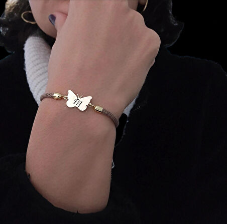 M Harfine Özel Örgü İpli Kelebek Motifli 14 Ayar Altın Plakalı Hediye Bileklik-336harf-kahverengi