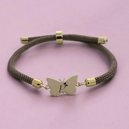 P Harfine Özel Kelebek Motifli 14 Ayar Altın Plakalı Örgü İpli Hediye Bileklik-336harf-kahverengi