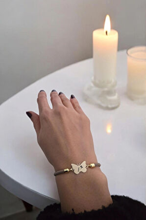 P Harfine Özel Kelebek Motifli 14 Ayar Altın Plakalı Örgü İpli Hediye Bileklik-336harf-kahverengi