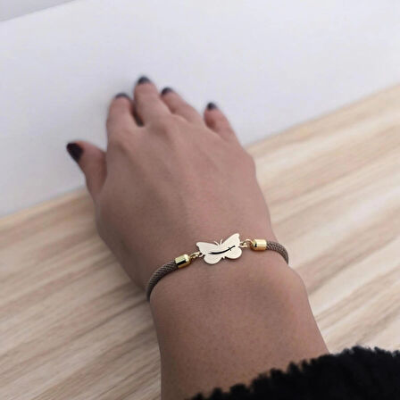 Zülfikar Temalı 14 Ayar Altın Plakalı Örgülü Kelebek Motifli Hediye Bileklik-336sembol-kahverengi