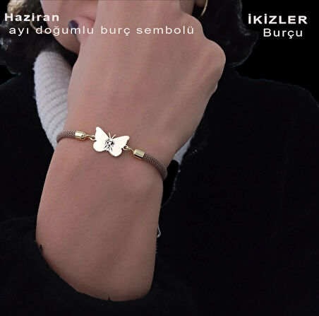 İkizler Burçlarına Örgülü Kelebek Motifli 14 Ayar Altın Plakalı Hediye Bileklik-336burç-kahverengi