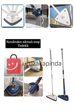 Teleskobik Üçgen Mikrofiber Mop Paspas Islak Kuru Zemin Duvar Tavan Parke  Kendinden Sıkmalı  -BEYAZ