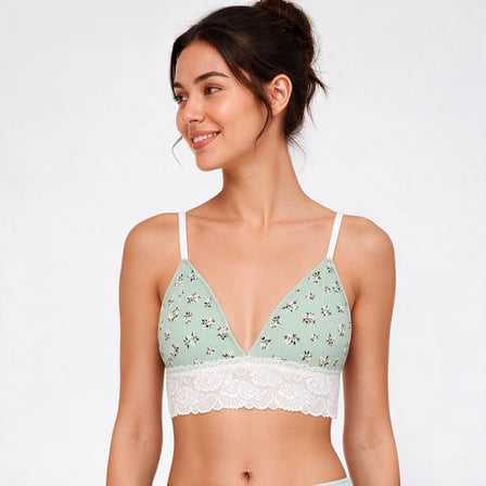 Kadın Pamuklu Bohçalık Çeyizlik Ve Hediyelik Pointel Çiçek Desenli Ribana Kumaş Dantel Detaylı Bralet BB2763