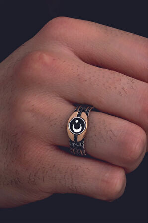 Erkek Gümüş Yüzük - Türk Bayrağı Ay Yıldız Sarmaşıklı Siyah Model Ince Kibar Erkek Yüzüğü