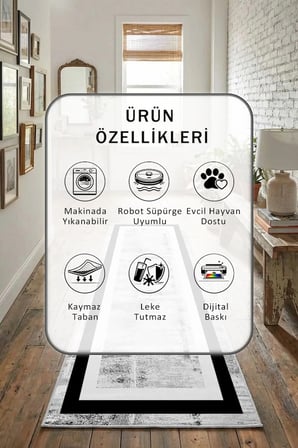 Yıkanabilir Kaymaz Vista Dijital Baskılı Yolluk Halı Tüy Tutmaz Açık Gri