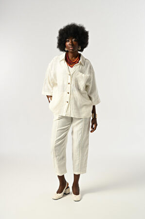 KADIN %100 KETEN TRUVAKAR KOLLU DÜZ RENK TEK CEPLİ GÖMLEK