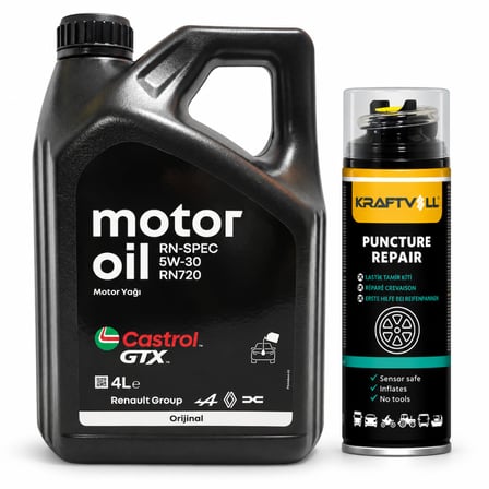 CASTROL MOTOR YAĞI GTX 5W-30 RN720 4 Litre + Lastik Tamir Kiti 400 ml