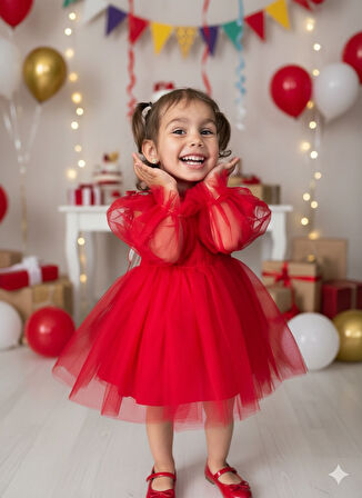 Kız Bebek Çocuk Uzun Kollu Kanatlı Doğum Günü Parti Düğün Özel Gün Tüllü Tütü Astarlı Prenses Elbise