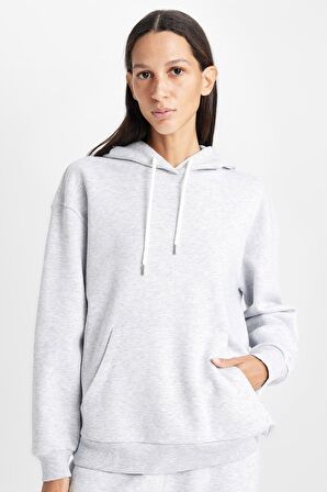DeFacto Relax Fit Kapüşonlu Kanguru Cepli Kalın Basic Düz Sweatshirt W1240AZ24WNGR93