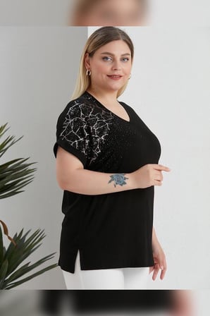 Wearon Kadın Omzu Taşlı Varaklı Kolu Duble Katlı Siyah İyem Tişört