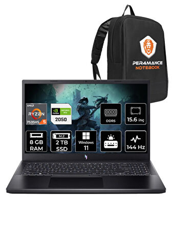 ACER Nitro V15 R5 7535HS 8GB 2TB SSD RTX2050/4GB 15.6'' 144Hz FHD W11P Gaming Laptop & PER4 ÇANTA