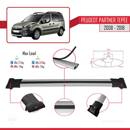Peugeot Partner 2 Tepee 2008-2018 Arası ile Uyumlu FLY Model Ara Atkı Tavan Barı Gri 3 Adet