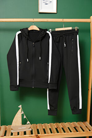 Unisex Şerit Detaylı Kapüşonlu Çocuk Eşofman Takımı