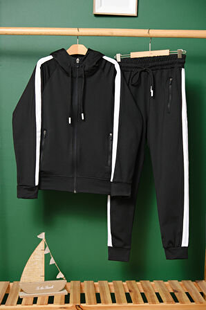 Unisex Şerit Detaylı Kapüşonlu Çocuk Eşofman Takımı