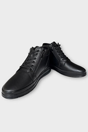 Erkek Hakiki Deri Fermuarlı Bağcıklı Soğuk Geçirmez Bot SİYAH