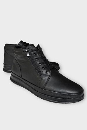 Erkek Hakiki Deri Fermuarlı Bağcıklı Soğuk Geçirmez Bot SİYAH