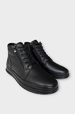 Erkek Hakiki Deri Fermuarlı Bağcıklı Soğuk Geçirmez Bot SİYAH