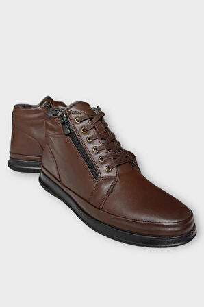 Erkek Hakiki Deri Fermuarlı Bağcıklı Soğuk Geçirmez Bot KAHVERENGİ