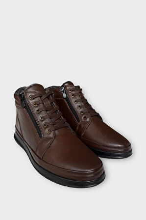 Erkek Hakiki Deri Fermuarlı Bağcıklı Soğuk Geçirmez Bot KAHVERENGİ