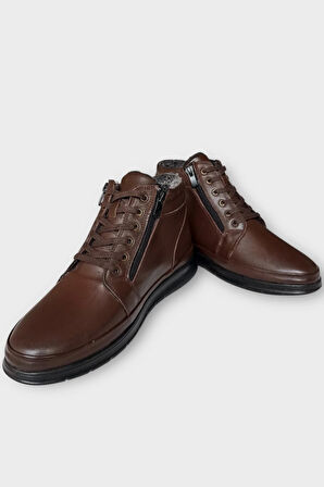 Erkek Hakiki Deri Fermuarlı Bağcıklı Soğuk Geçirmez Bot KAHVERENGİ