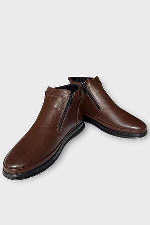 Erkek Hakiki Deri Fermuarlı Soğuk Geçirmez Bot KAHVERENGİ