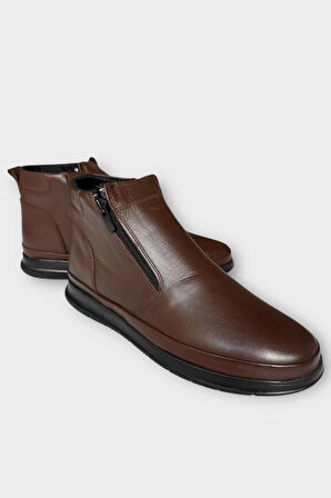 Erkek Hakiki Deri Fermuarlı Soğuk Geçirmez Bot KAHVERENGİ