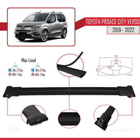 Toyota Proace City Verso 2019-2022 Arası ile Uyumlu FLY Model Ara Atkı Tavan Barı Siyah 3 Adet