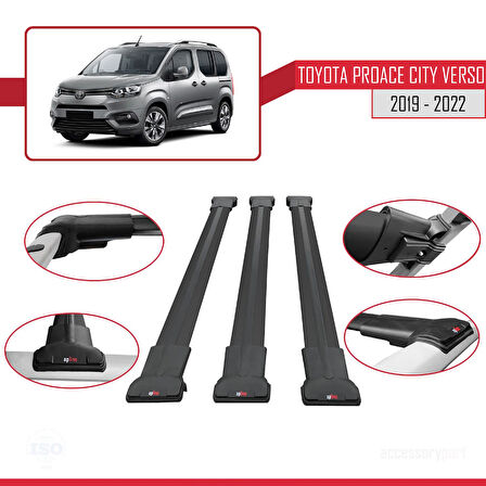 Toyota Proace City Verso 2019-2022 Arası ile Uyumlu FLY Model Ara Atkı Tavan Barı Siyah 3 Adet