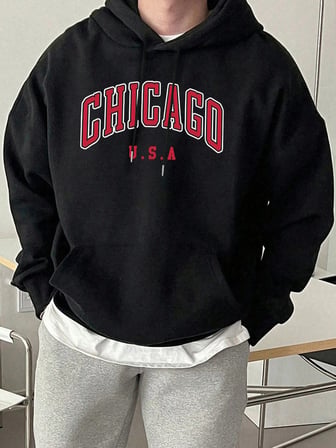 Chicago ABD Mektup Baskılı Erkek Günlük Kapüşonlu Sweatshirtler Her Şeyle Uyumlu Polar Sweats