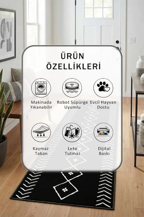 İskandinav Siyah Beyaz Modern Dijital Baskı Yıkanabilir Kaymaz Yolluk Halı