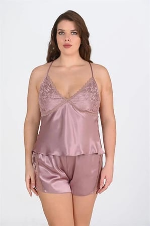 HERŞEYTREND Litae Büyük Beden Dantel İşlemeli Vizon Saten Şort Takımı