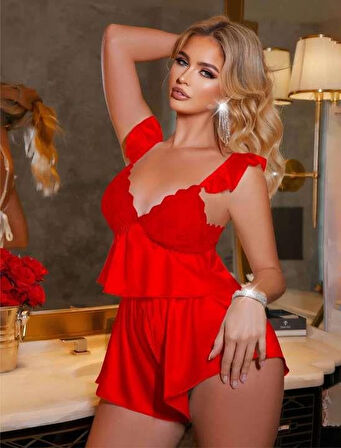 Litae Kırmızı Dantel İşlemeli İnce Askılı Arkadan Bağlamalı Saten Şortlu Takım