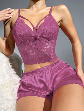 Litae Dantelli Büstiyer İnce Askılı Lila Saten Şortlu Takım