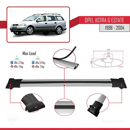 Opel Astra G (T98) SW 1998-2004 Arası ile Uyumlu FLY Model Ara Atkı Tavan Barı Gri 3 Adet