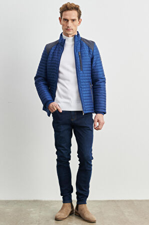 Erkek Indigo Standart Fit Normal Kesim Soğuk Hava Geçirmez Desenli Şişme Mont