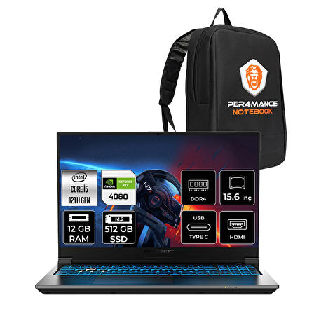 Erazer Deputy P60 Intel Core i5 12450H 12GB 512GB SSD RTX4060/8GB 15.6" FHD 144Hz FDOS Taşınabilir Bilgisayar & PER4 Çanta