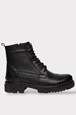 Erkek İçi Kürklü Hakki Deri Fermuarlı Kaydırmaz Termo Taban Bot SİYAH