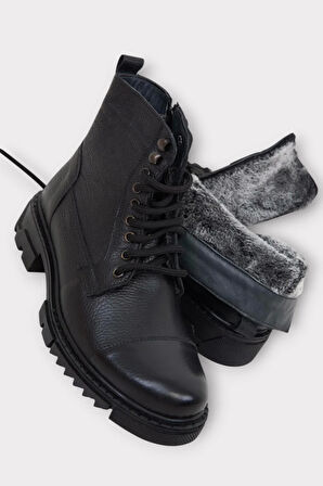 Erkek İçi Kürklü Hakki Deri Fermuarlı Kaydırmaz Termo Taban Bot SİYAH