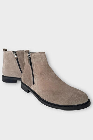 Erkek Hakiki Deri Çift Fermuar Detay Bot BEJ