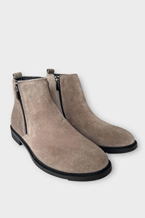 Erkek Hakiki Deri Çift Fermuar Detay Bot BEJ