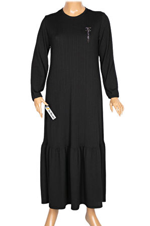 Hesna Kadın Derya Fitilli Doku Eteği Farbalı Broşlu Siyah Elbise