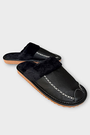 Deri Görünümlü Kürklü Erkek Ev Terliği SİYAH