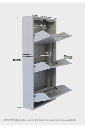 Kilitli Metal Ayakkabılık Dolabı 3 Kapaklı Duvara Monte Ergonomik Tasarım 103x50x15 cm 0.7 mm DKP Sac Ve Montaj Vidaları