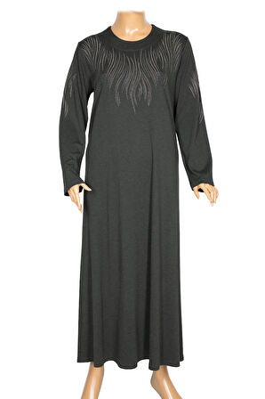 Hesna Kadın Elvan Kışlık Büyük Beden Boydan Baskılı Haki Elbise