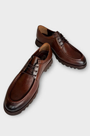 Erkek Hakiki Deri Bağcıklı Kalın Taban Ayakkabı KAHVERENGİ