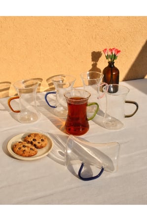 6 Adet Cam Çok Renkli Kulplu Çay Bardağı 150 ml Kulplu Çay Bardak