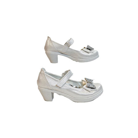 Fiyra 9051 Beyaz Kurdaleli Cırtlı Bantlı Kız Çocuk Topuklu Ayakkabı