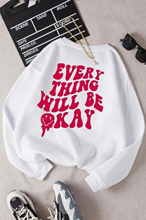 Siyah Oversize Kalıp Every Thing Will Be Okay Baskılı Unisex Bisikletyaka Sweatshirt