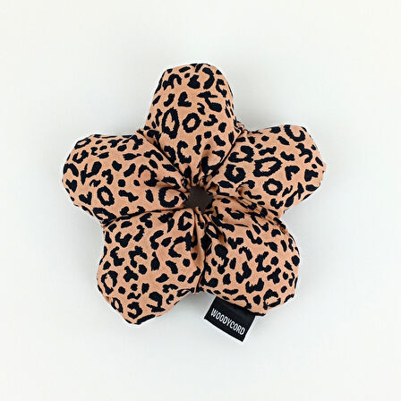 WoodyCord Marka El Yapımı Leopar Çiçek Pofuduk Scrunchie Toka