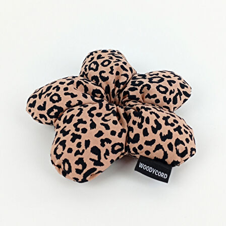 WoodyCord Marka El Yapımı Leopar Çiçek Pofuduk Scrunchie Toka